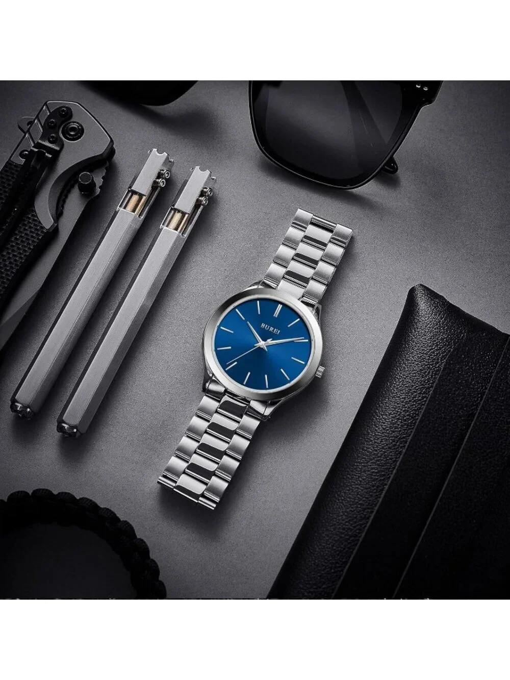 Men's Silver Blue Analog Quartz Stainless Steel Waterproof Round Luxury Watch